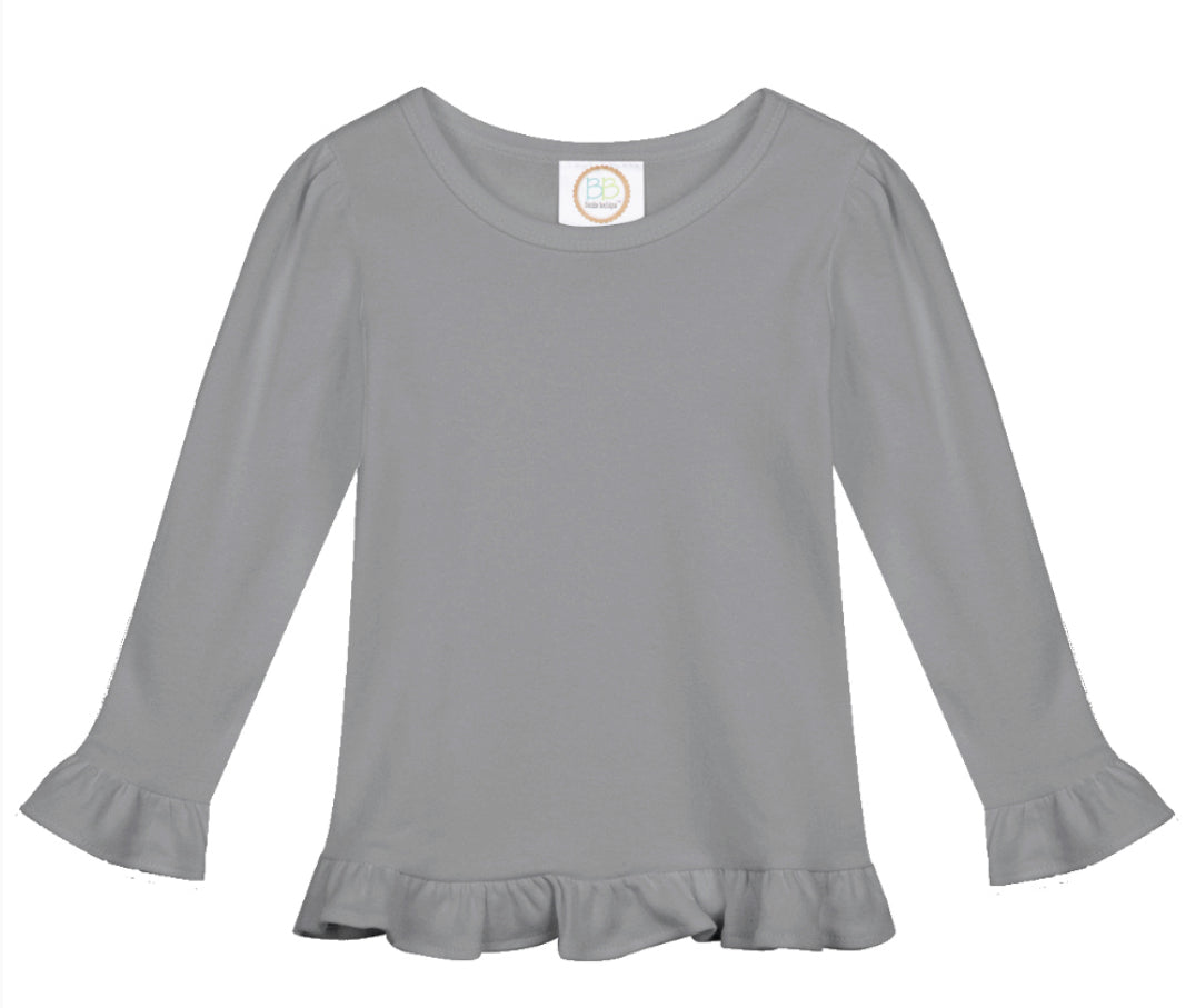 Girls Solid Long Sleeve Ruffle Tees (Light Colors)