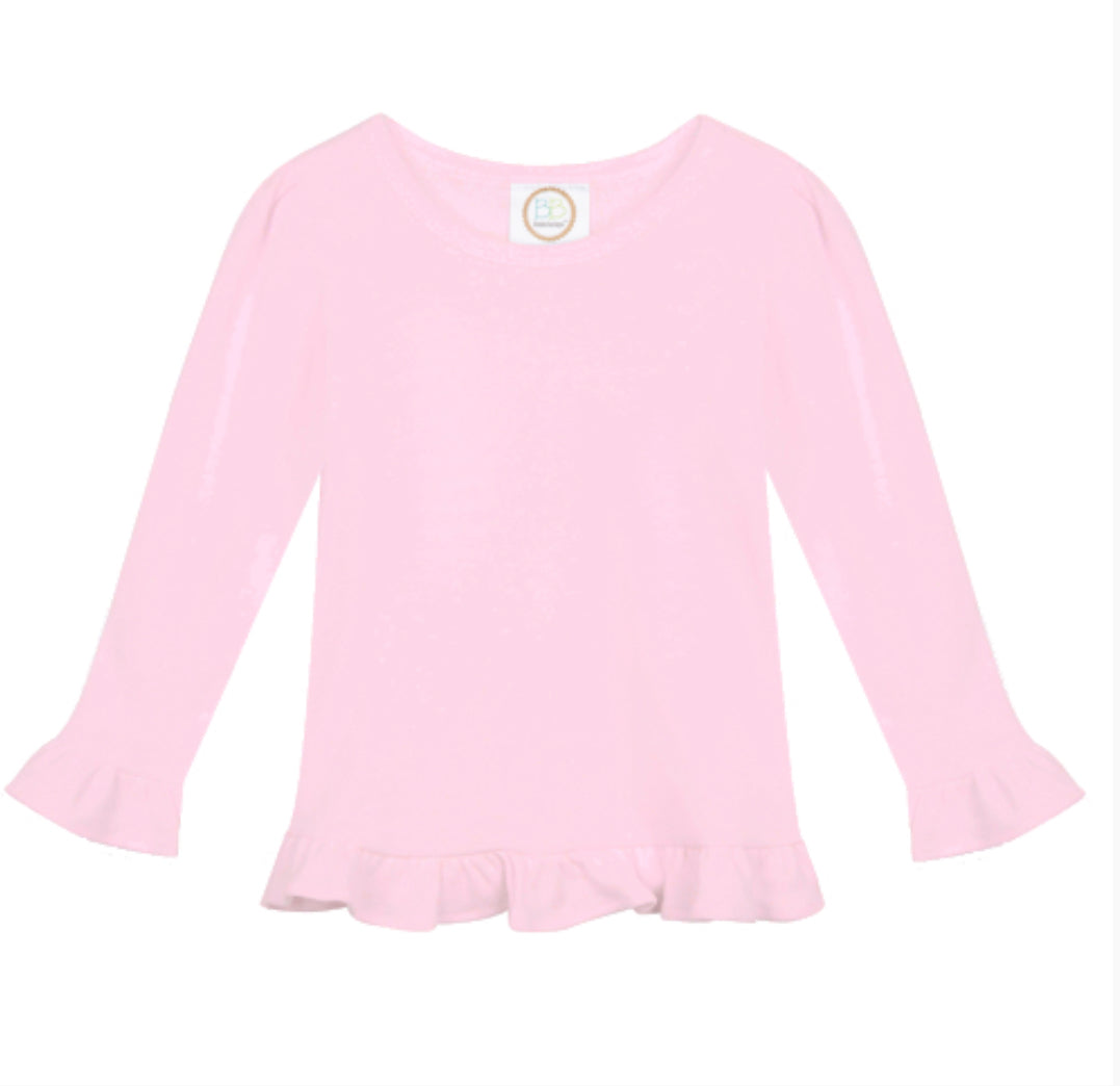 Girls Solid Long Sleeve Ruffle Tees (Light Colors)