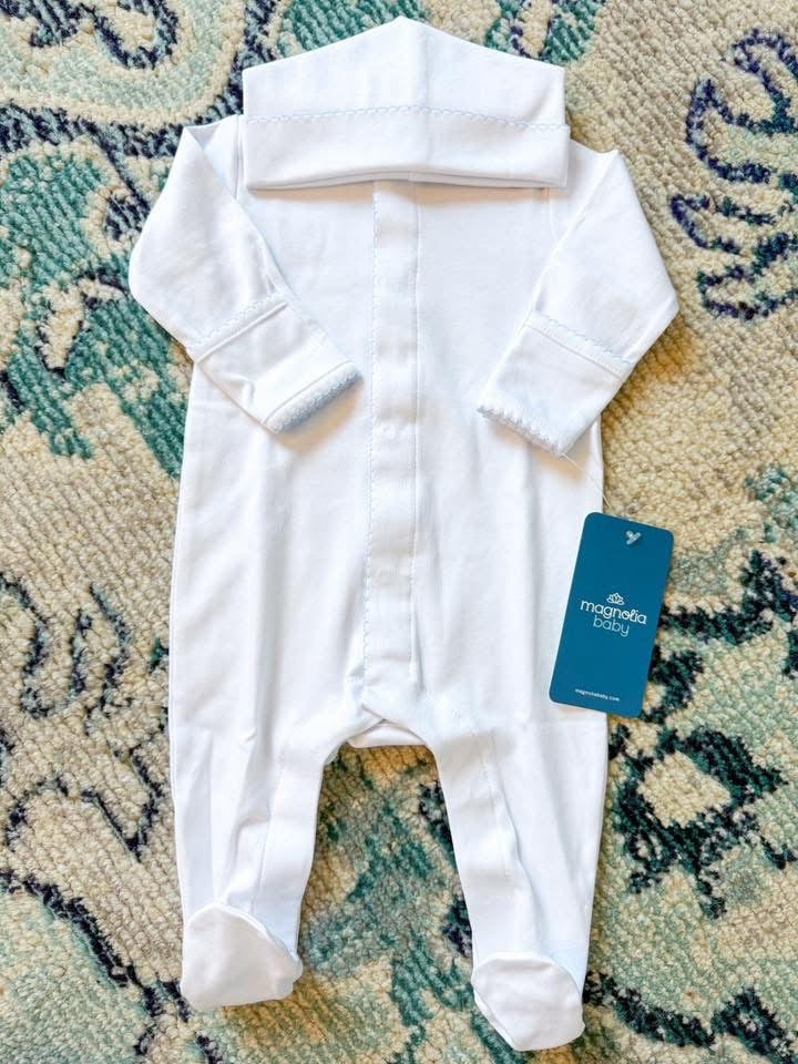 Magnolia Baby Solid Essentials White with Blue Picot Trim Footie with Hat