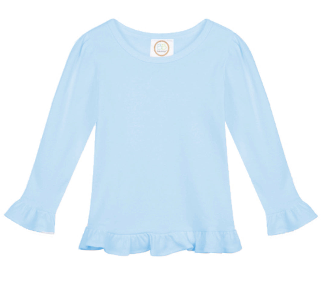 Girls Solid Long Sleeve Ruffle Tees (Light Colors)