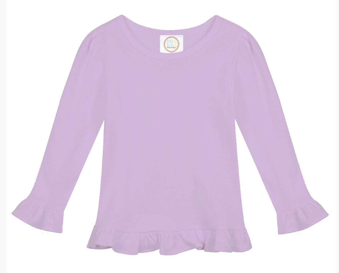 Girls Solid Long Sleeve Ruffle Tees (Light Colors)