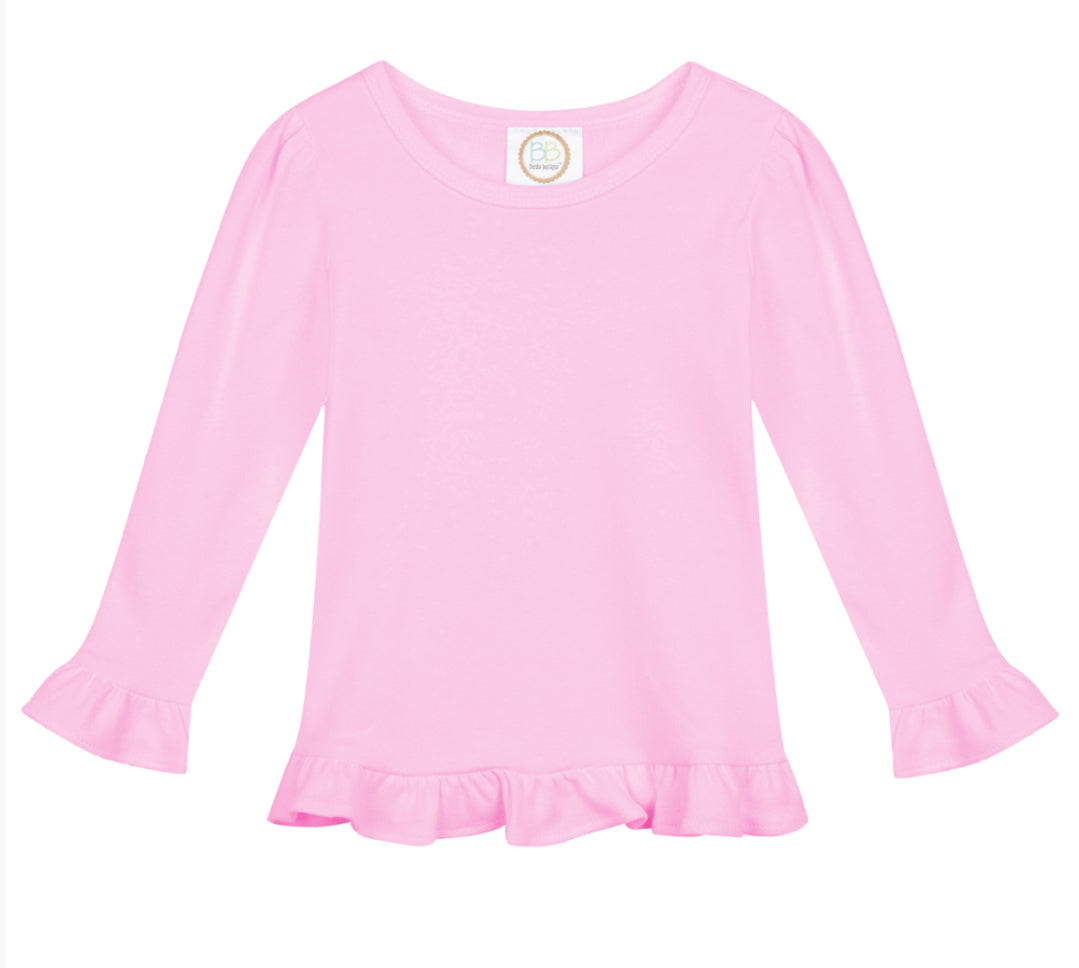 Girls Solid Long Sleeve Ruffle Tees (Light Colors)