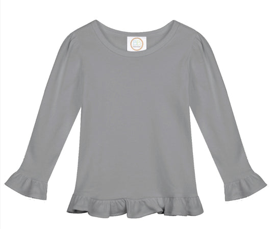 Girls Solid Long Sleeve Ruffle Tees (Light Colors)